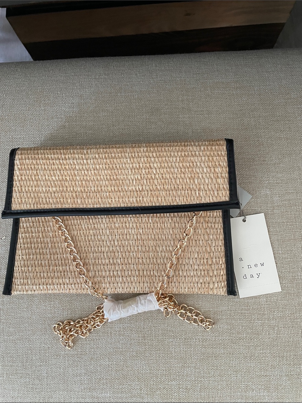 a new day Natural Straw Clutch with Black Trim and Gold Chain